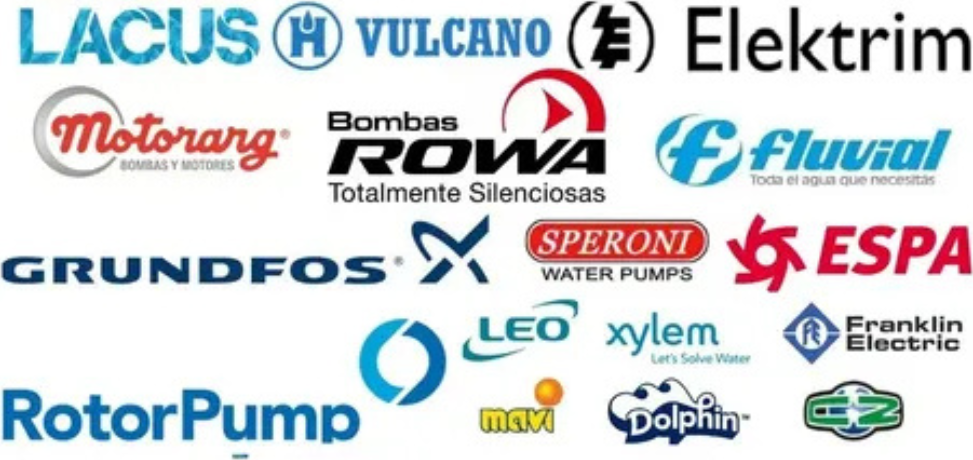 Marcas con las que trabajamos: Electromecánica Lacus, Vulcano, Elektrim, Motorarg, Bombas Rowa, Speroni, Fluval, Grundfos, Leo, Xylem, Espa, MotorPump, Franklin Electric